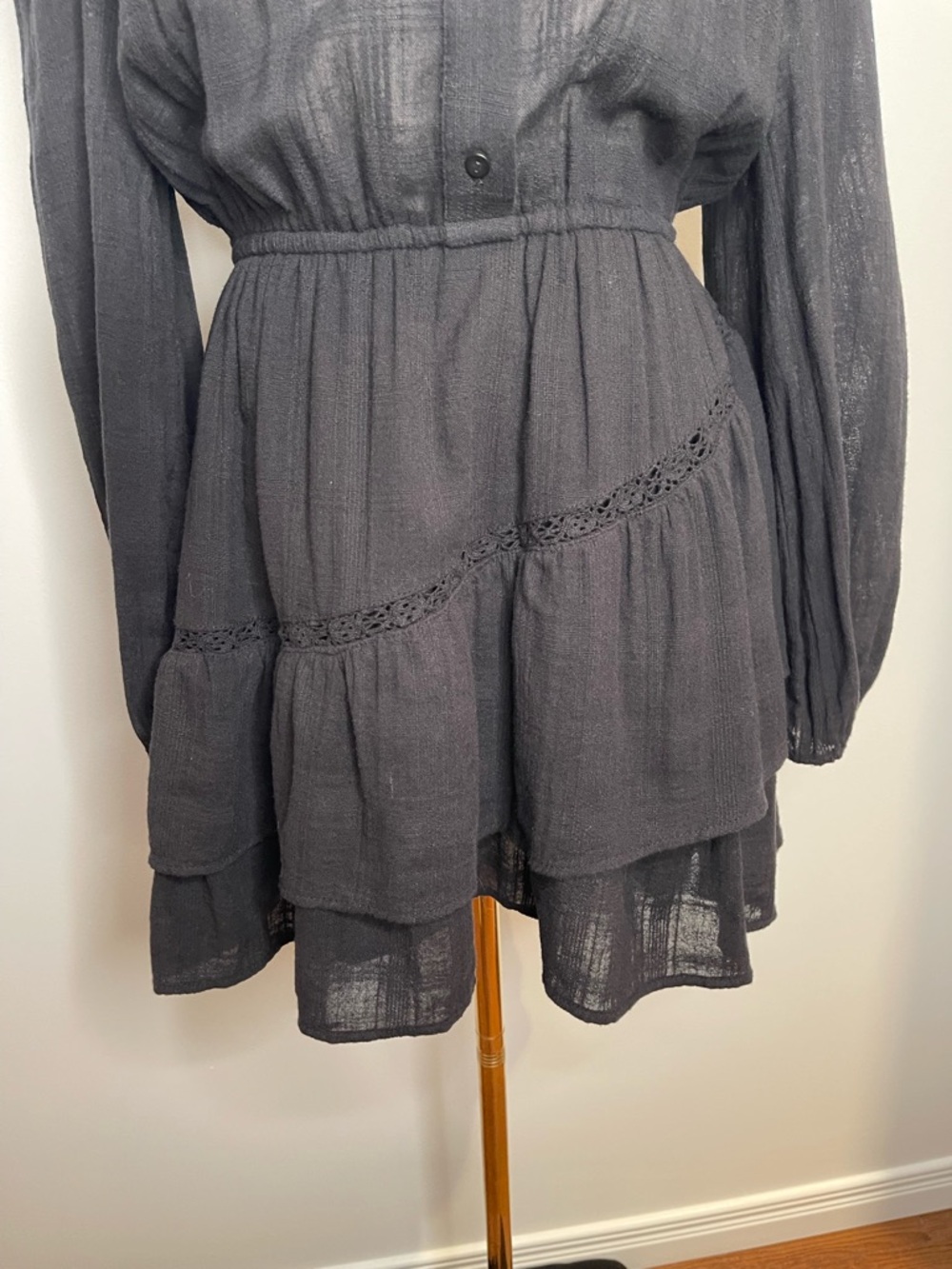 ZARA Black Embroidered Velvet Long Sleeve Mini Cotton Puff Dress size M - Picture 7 of 8